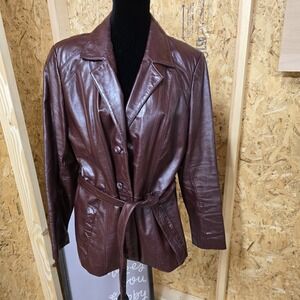 Vintage Wilson's Ladies Belted Leather Coat Jacket Maroon Size 16